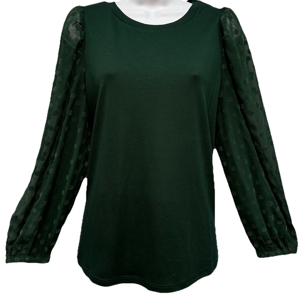 LOFT  Blouse Women's Size Medium Green Polka Dot Sheer Chiffon Long Sleeves NWOT